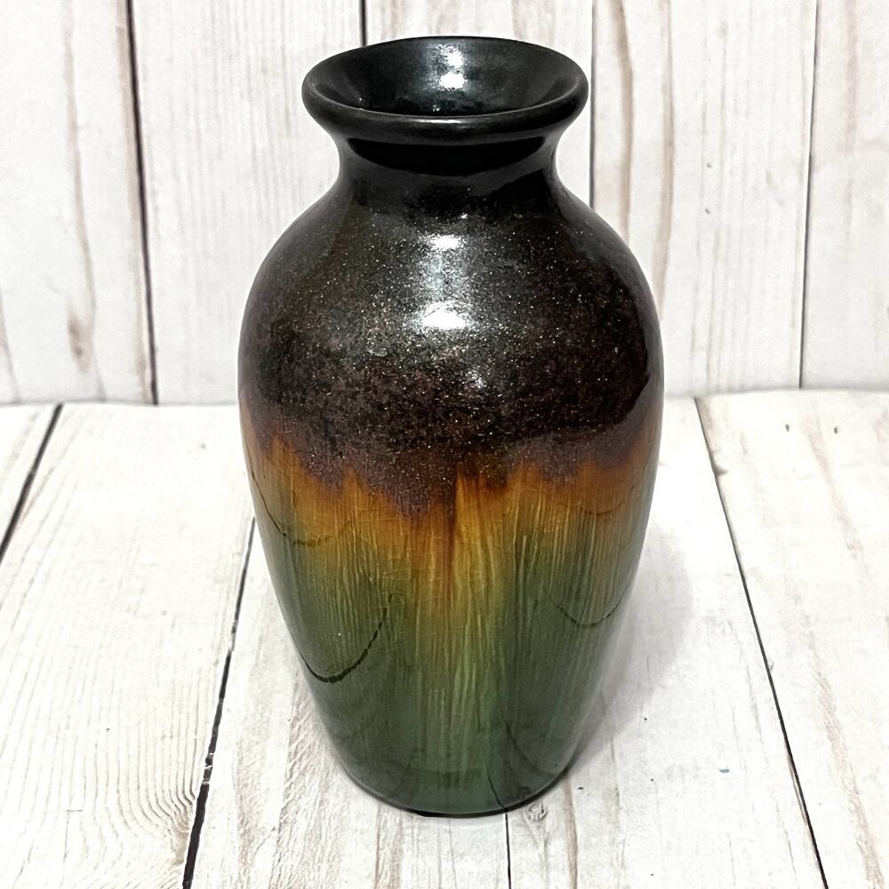Hosley Green Orange & Brown Metallic Glaze Drip Mini Vase 6"